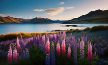 Beautiful Lupine Flower In Lake Tekapo, New Zealand, Generative AI