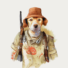 Hunting dog with hunting rifle on its back.