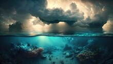Fantasy Landscape: Beautiful Storm Clouds Over Tropical Sea Underwater View. Generative Ai.