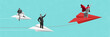 © master1305 - Conceptual design. Contemporary art collage. Employees, men sitting on paper planes and working. Flying to success and professional growth. Concept of business, career development, teamwork. Banner