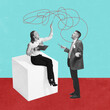 © master1305 - Conceptual design. Contemporary art collage. Young woman explaining project information to businessman. Tangled flow of thoughts. Concept of business, career development, brainstorming, employment