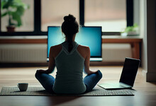 View Of A Woman Conducting Virtual Fitness Class With Group Of People At Home On A Video Conference. AI Generated