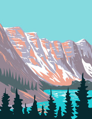 Wall Mural - WPA poster art of Moraine Lake a glacially fed lake in Banff National Park located outside the hamlet of Lake Louise, Alberta, Canada done in works project administration or federal art project style.