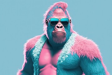 Wall Mural - Pink and blue gorilla with sunglasses. Generative AI