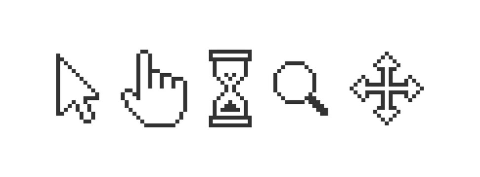 pixel mouse cursor icon set. computer window cursor arrow, finger, loading, search, expand vector de