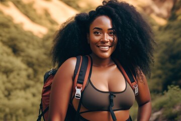 Friendly cheerful attractive african american curly-haired young smiling plus size woman is hiking in a mountains area. Fitness, weight loss activity concept