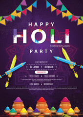 Happy holi festival party brochure, flyer card template design with holi powder color bowls on multicolor background.