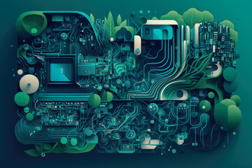 Wall Mural - Abstract image of circuit board patterns in shades of blue and green, with overlapping layers resembling a digital landscape, generative ai