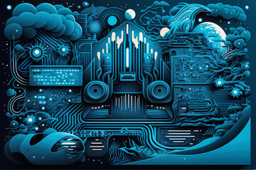 Wall Mural - circuit board in abstract shades of blue with a retro-futuristic design, resembling an intergalactic landscape with stars and nebulas, generative ai