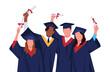graduate. Happy students in faceless style with diplomas in academic gown and graduation cap, group with graduation certificate