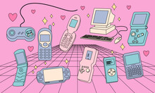Set Of Retro Games, Consoles, Mp3 Player, Flip Phone, Computer. 2000s Style Technology. Old Style Gadgets. Nostalgia Set Of 1990s, 2000s Electronics Devices. Y2K And Retrowave Style Illustration