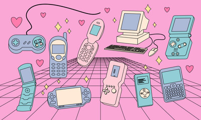 Set of retro games, consoles, mp3 player, flip phone, computer. 2000s style technology. Old style gadgets. Nostalgia set of 1990s, 2000s electronics devices. Y2K and retrowave style illustration