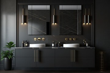 Close up of double black sink with mirrors standing in on dark marble wall , wooden cabinet with faucet in minimalist bathroom. Front view. Generative AI