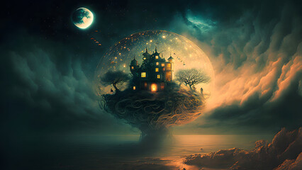 Wall Mural - surreal night dreamscape of floating bubble with castle on it, neural network generated art