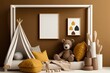 © 2rogan - Empty horizontal picture frame on brown wall in modern child room. Mock up interior in scandinavian style. Free, copy space for your picture. Bed, toys. Cozy room for kids. Generative AI
