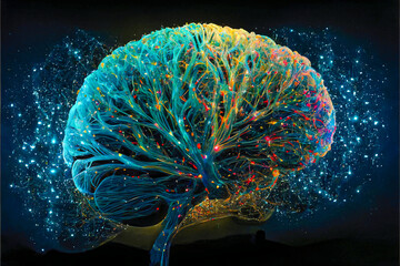 brain neuron neural communication and technology concept, brain in blue lights and electronic circuits, created with Generative AI technology
