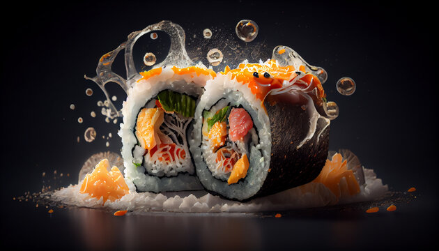 Sushi rolls close-up on dark background, beautiful illustration. Generative AI