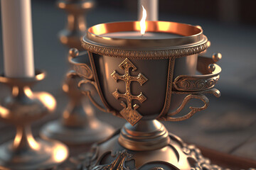 Wall Mural - holy grail, bronze and gold cup with christian and religious cross on table illuminated with candlelight created with Generative AI technology