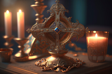 holy grail, bronze and gold cup with christian and religious cross on table illuminated with candlelight created with Generative AI technology