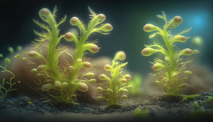  a close up of some plants in a tank with water and sand around it and a blue light in the back ground behind it and a black background.  generative ai