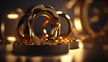  A Number Of Gold Rings Sitting On Top Of A Table Next To A Wall Of Gold Coins And A Clock In The Background With A Dark Background.  Generative Ai