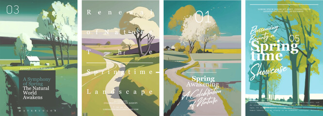 Wall Mural - Spring landscape. Set of vector illustrations. Typographic poster design and watercolor art on background.
