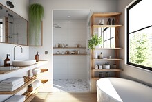 Interior Shot Of A Contemporary Bathroom With A Hardwood Tub, A Glass Shower Enclosure, And Shelves Holding Personal Care Items. A Mockup. Generative AI