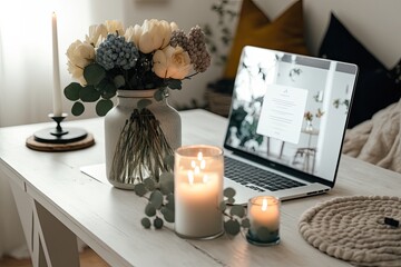 Laptop computer with blank screen on table with candles, flowers bouquet. Aesthetic influencer boho styled home workspace interior design template with mockup copy space. Online store, blog branding