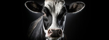 Cow, Black And White Holstein Dairy Cow. Image Of Cow's Head On Black Background Looking Forward.  Image Was Created With Generative Ai.	