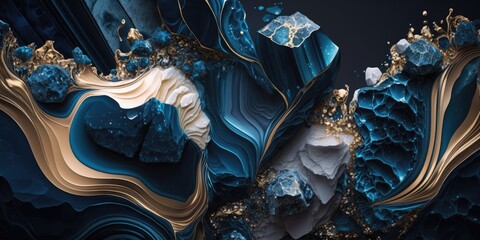 Wall Mural - sapphire blue marble stone with gold vein. vivid graphite texture geode wallpaper background.