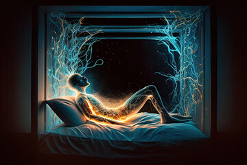 Wall Mural - astral body levitate over bed in the bedroom. soul flies out of the sleeping person. travel to anoth