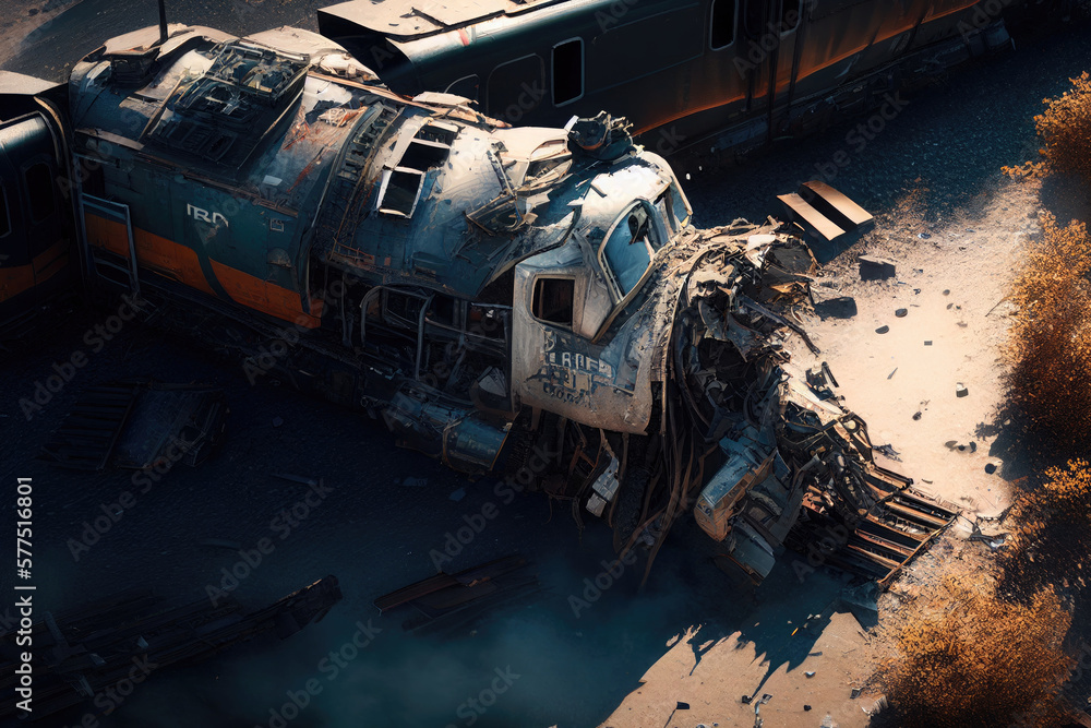 Passenger train crash accident, aerial view. Broken wagons and damaged ...