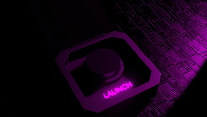 Wall Mural - Black background with purple and green highlights. Design. Light backlight with a bright figure and the word Launch is written in animation.