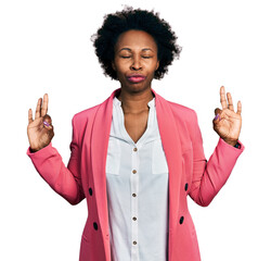 Sticker - African american woman with afro hair wearing business jacket relaxed and smiling with eyes closed doing meditation gesture with fingers. yoga concept.