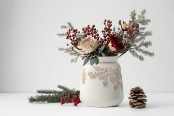 Sticker - Flowers, branches, and winter decorations in a vase against a white background. Winter, the New Year, and Christmas. frontal shot, blank space. Generative AI