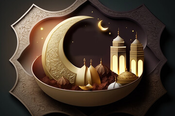 Wall Mural - Festive greeting card for Muslim holy month Ramadan Kareem with mosque and crescent moon