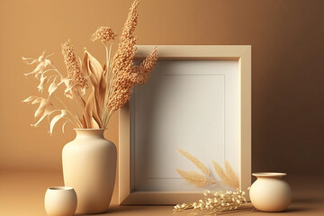 Canvas Print - Picture frame mockup with vase and dry plants on beige wall.