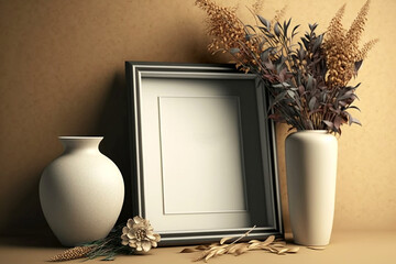 Canvas Print - Picture frame mockup with vase and dry plants on beige wall.