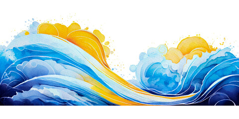 Ocean wave splash motion, blue yellow png transparent isolated abstract ocean wave. Banner Header Graphic Resource as background sunny ocean wave splashing water. Digital paint-over.