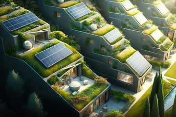 Wall Mural - residential houses with photovoltaic solar panels and gardens. renewable and ecological green energy