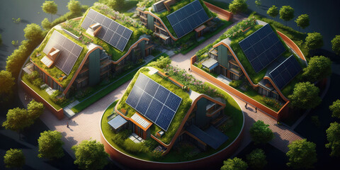 Wall Mural - residential houses with photovoltaic solar panels and gardens. renewable and ecological green energy