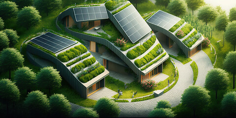 Wall Mural - residential houses with photovoltaic solar panels and gardens. renewable and ecological green energy