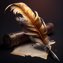 A Scroll With A Feather In Ink In A Fantasy Style On A Gray Background. Historical Manuscripts, Magic Scroll, Scientific Research, Middle Ages, High Resolution, Illustrations, Art. AI