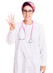 Poster - Young beautiful woman with pink hair wearing doctor uniform showing and pointing up with fingers number four while smiling confident and happy.