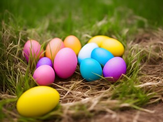 Beautiful postcard with easter decoration and painted colorful easter eggs in beautiful nature landscape in spring. Easter eggs on the fresh green meadow. Generative Ai