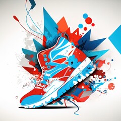 Wall Mural - Brand board street art graffiti flat design futuristic shoe, red and blue. Generative AI.