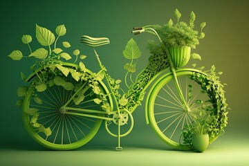 Wall Mural - Bright green decorated with plants and greenery bike for bicycling. Generative AI.