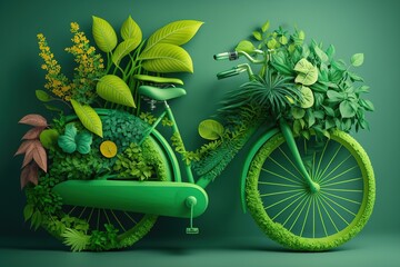 Wall Mural - Bright green decorated with plants and greenery bike for bicycling. Generative AI.