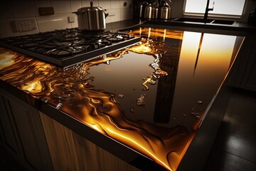 Wall Mural - Brown epoxy resin kitchen countertops. Generative AI.