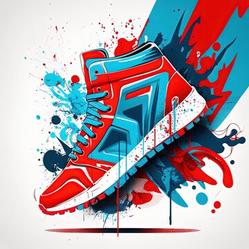 Brand board street art graffiti flat design futuristic shoe, red and blue. Generative AI.